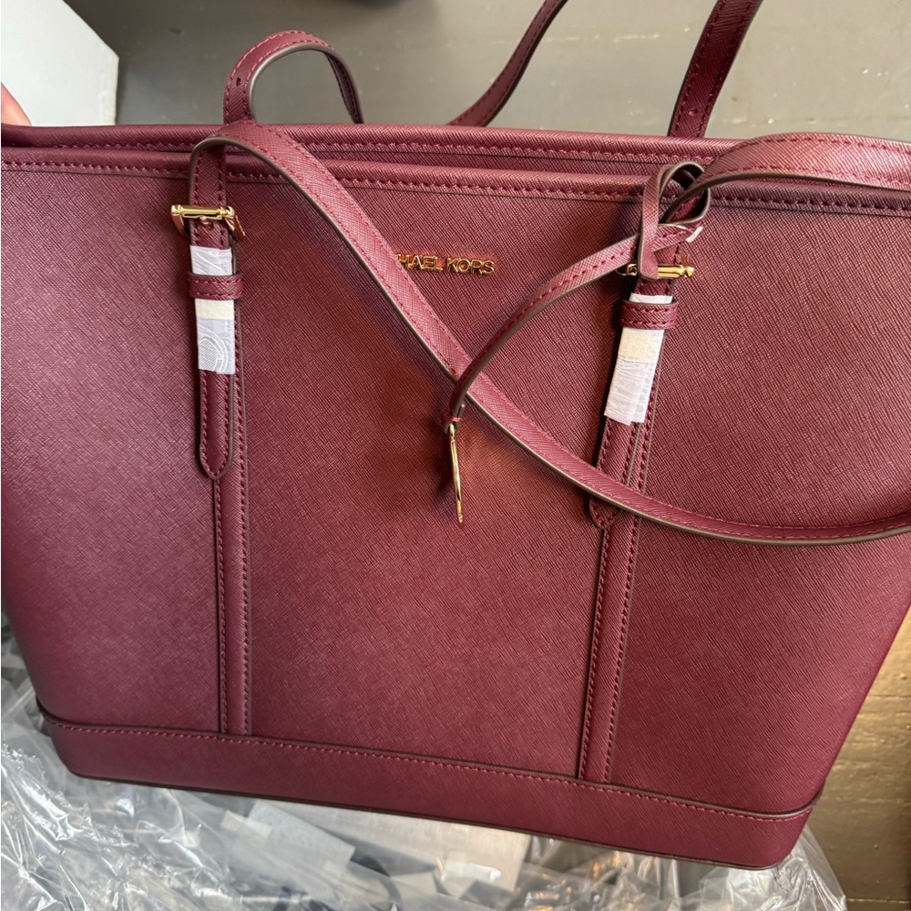 Michael Kors Red Tote Bag with Textured Leather and Adjustable Straps